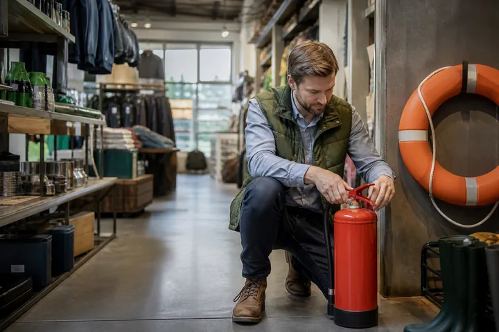 Geschäftsleiter kontrolliert eine Brandschutzeinrichtung im Verkaufsraum