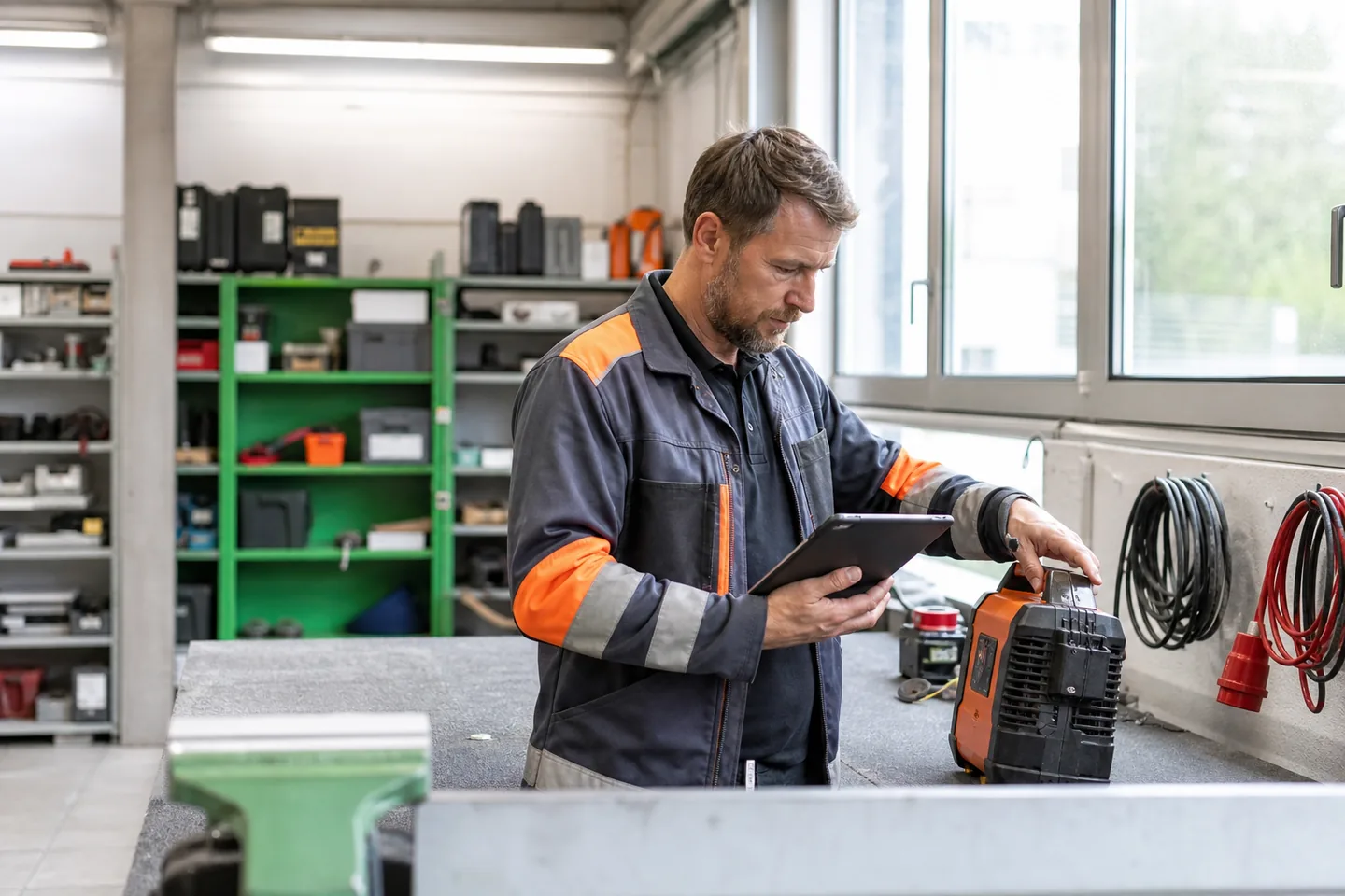 Handwerker dokumentiert eine Arbeitsmittelprüfung