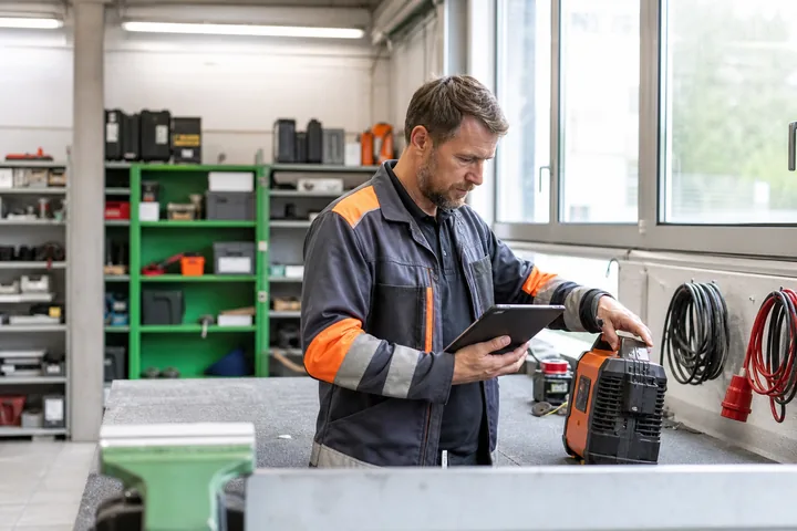 Handwerker dokumentiert die Prüfung eines elektrischen Arbeitsmittels
