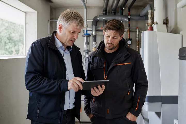 Hausverwalter und Techniker prüfen die Gebäudetechnik