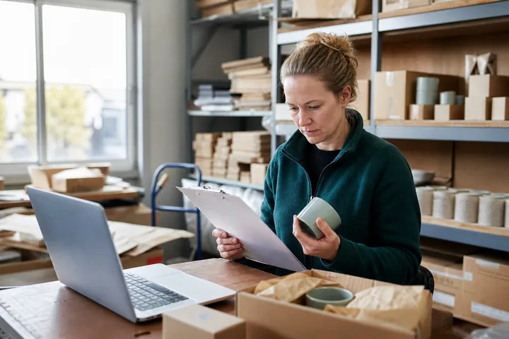 Onlinehändlerin gleicht Produkt und Lieferantenunterlagen ab