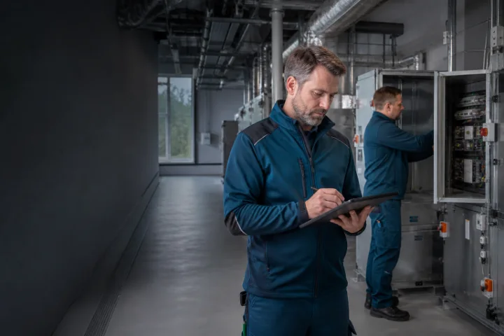 Facility-Manager und Techniker dokumentieren eine Gebäudekontrolle
