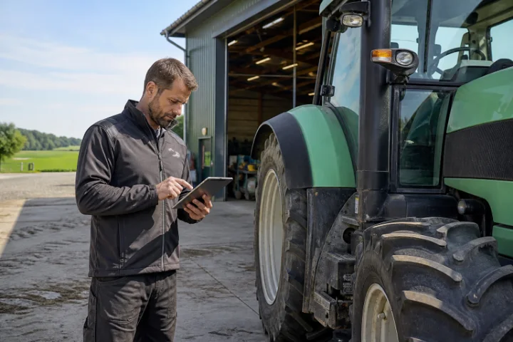 Landwirt dokumentiert Wartungen an einer Zugmaschine digital
