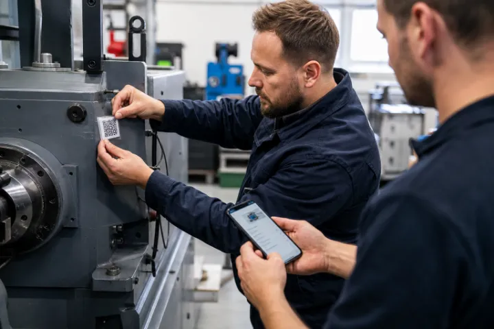 Mitarbeiter öffnet eine digitale Objektakte per QR-Code an einer Maschine