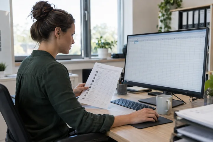 Mitarbeiterin vergleicht eine Bestandsliste mit einer Tabelle am Computer