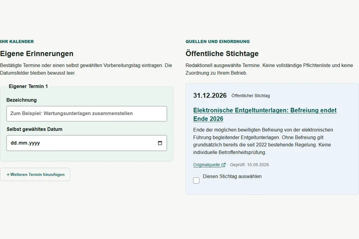 Produktansicht des öffentlichen Kalenders mit eigenen Terminen und getrennten Quellenhinweisen
