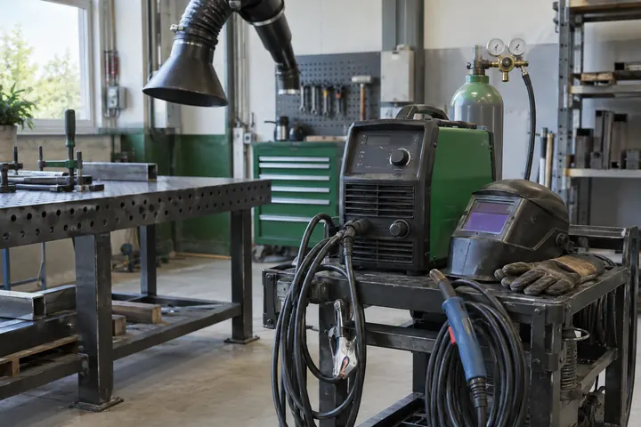 Abgestelltes Schweißgerät mit Zubehör und getrennt sichtbarer Absaugtechnik