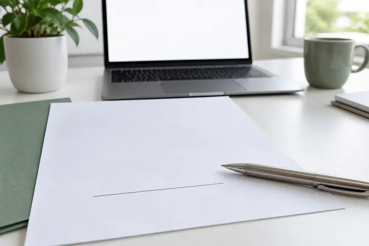 Blanko-Dokument mit Unterschriftslinie und Stift neben einem Laptop