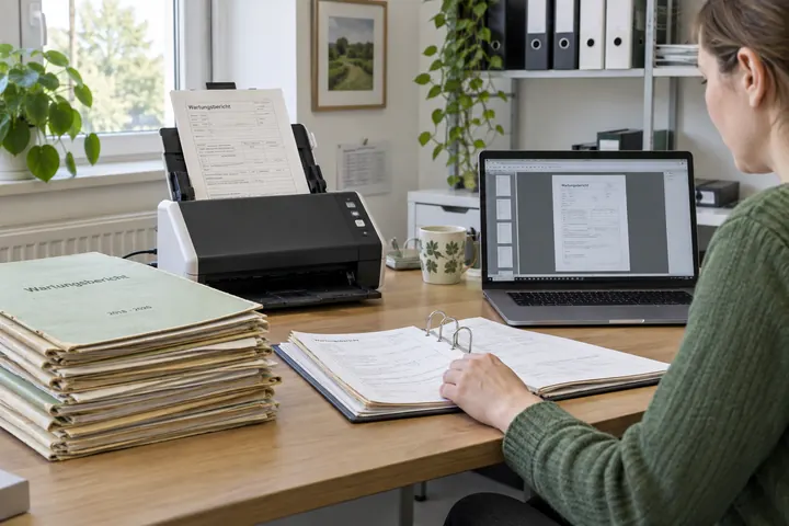 Papier-Prüfberichte werden mit einem Dokumentenscanner digitalisiert