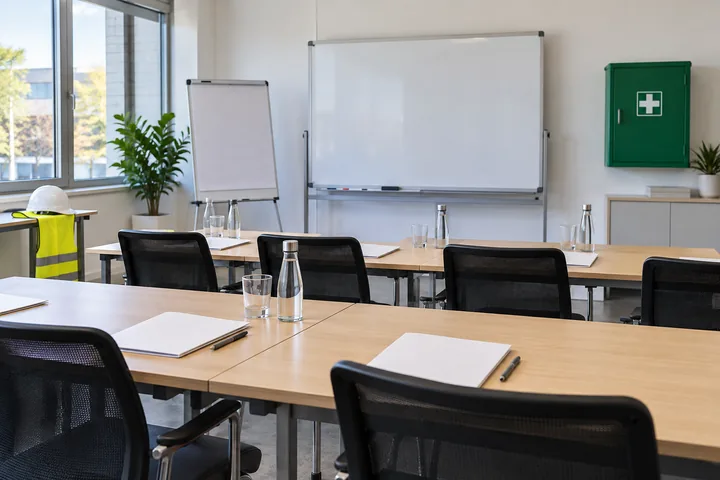 Schulungsraum mit Unterlagen und Erste-Hilfe-Ausstattung