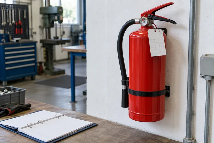 Feuerlöscher an einer Werkstattwand mit zugeordneten Unterlagen