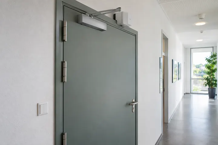 Türanlage mit sichtbarem Türschließer und Komponenten einer Feststellanlage