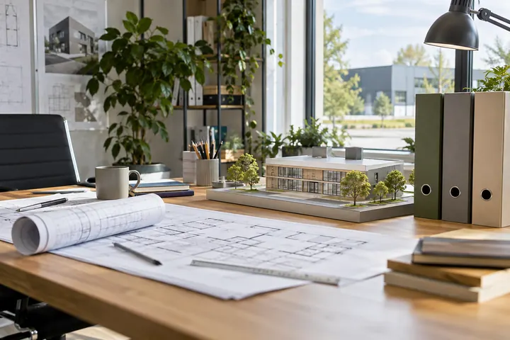 Projektmappe, Gebäudeplan und Modell für die Ablage von Genehmigungsunterlagen
