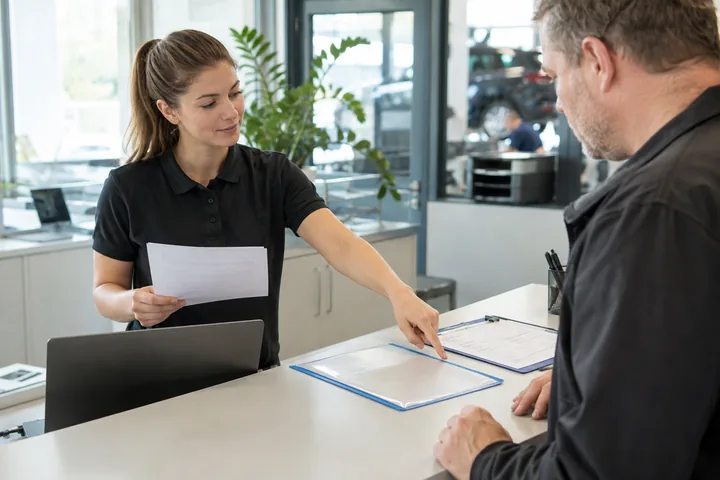 Mitarbeiterin gleicht eine offene Dokumentanforderung am Arbeitsplatz ab