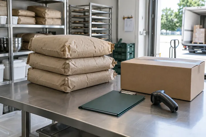 Wareneingang einer Bäckerei mit Gebinden, Scanner und Lieferunterlagen