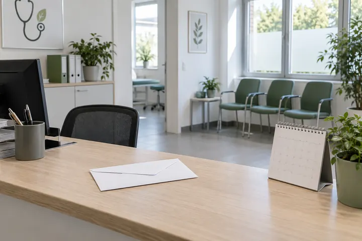 Neutraler Terminkalender und geschlossene Unterlagen ohne sichtbare Gesundheitsdaten