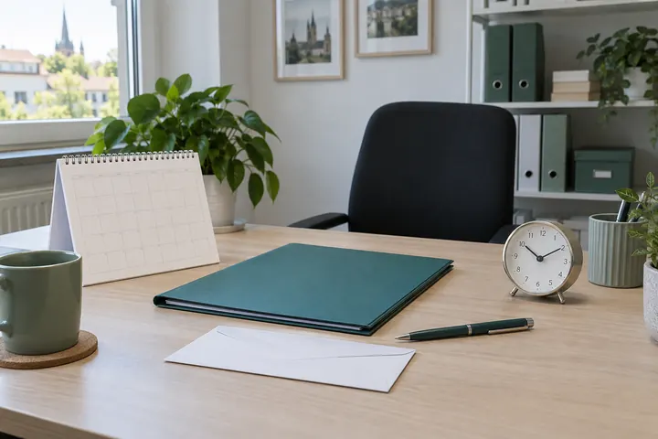 Kalender, Vertragsmappe und Briefumschlag auf einem Büroschreibtisch