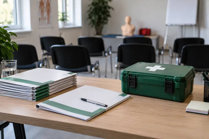 Fortbildungsunterlagen im Erste-Hilfe-Schulungsraum