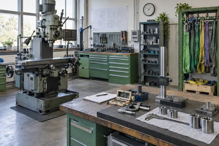 Metallwerkstatt mit getrennten Bereichen für Maschinen, Messmittel und Hebetechnik