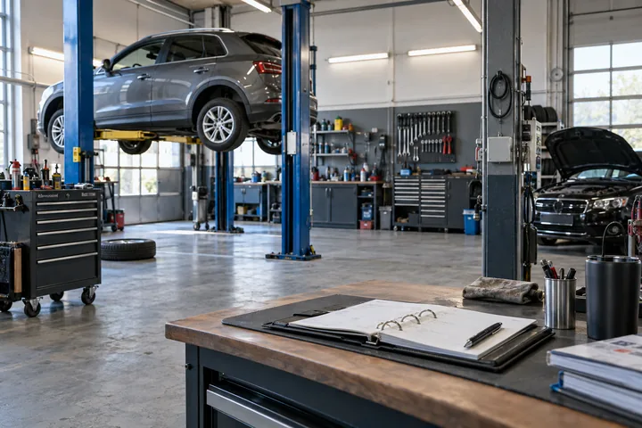 Gerätebestand und Planungsunterlagen in einer Kfz-Werkstatt