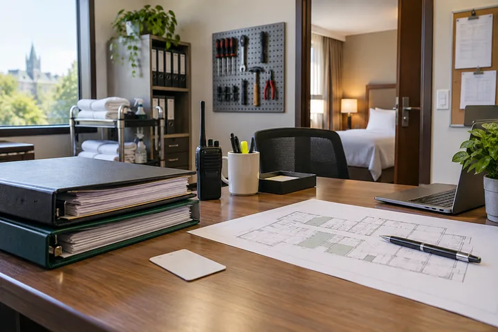 Arbeitsplatz zur Organisation technischer Unterlagen in einem Hotel