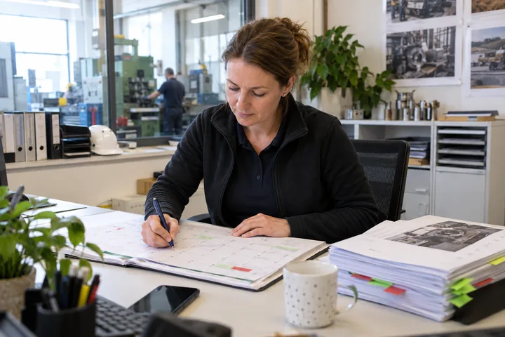 Betriebsleiterin koordiniert Wartungstermine mit einem Kalender und Anlagenunterlagen