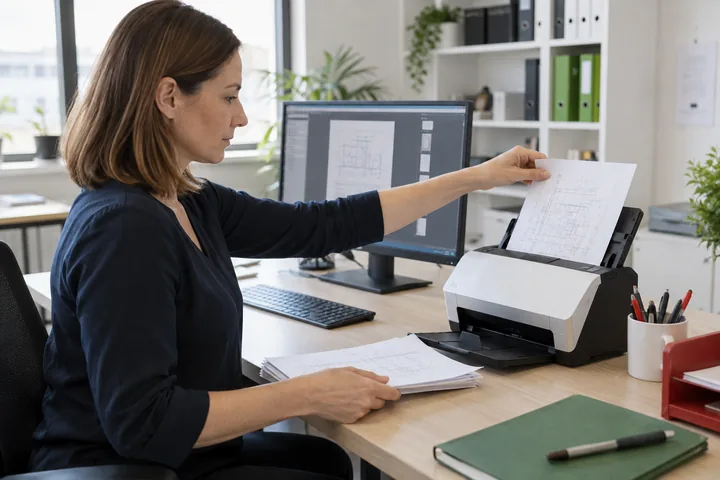 Mitarbeiterin digitalisiert geordnete Dokumente am Arbeitsplatz
