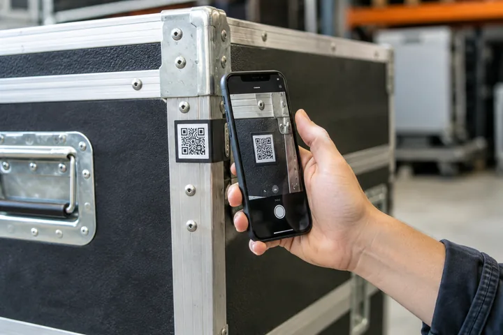 Smartphone erfasst einen QR-Code auf einem Gerätekoffer