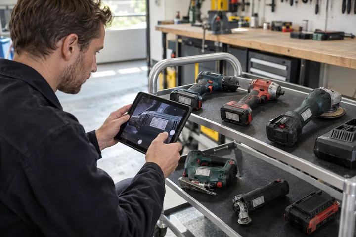 Techniker erfasst Gerätekennungen auf einem Werkstattwagen