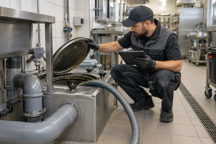 Servicetechniker kontrolliert einen gewerblichen Fettabscheider