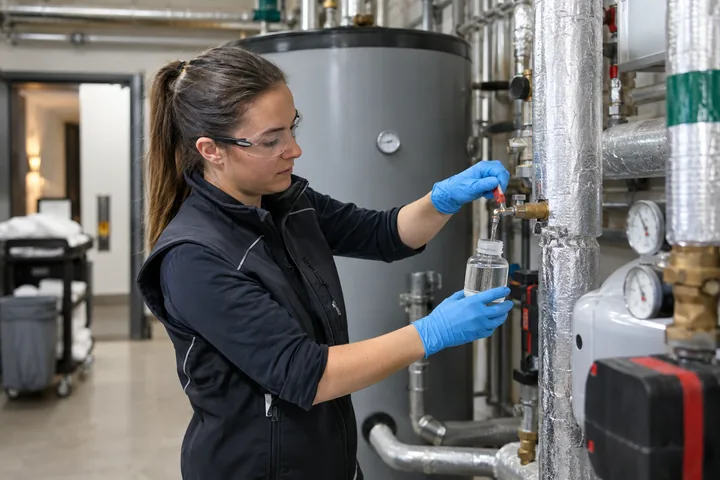 Probenehmerin entnimmt in einem Hotel eine Trinkwasserprobe