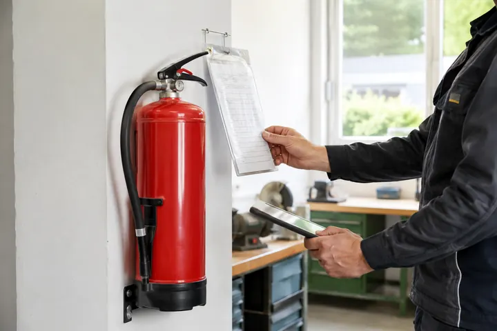 Brandschutzgerät an der Werkstattwand mit Wartungsunterlagen