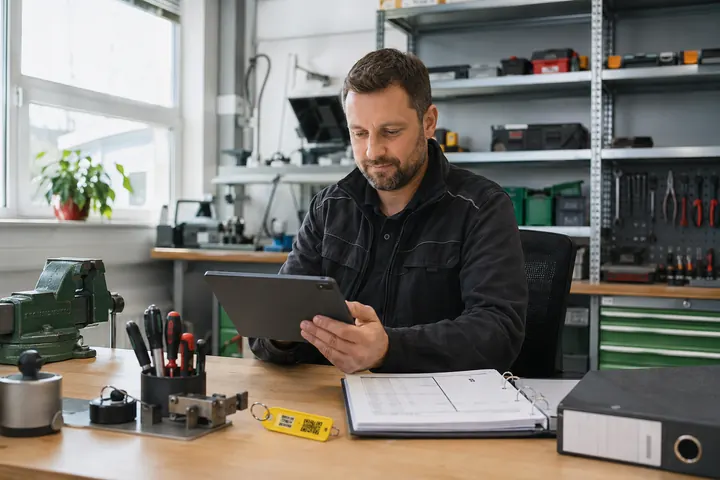 Betriebsverantwortlicher organisiert Geräte und Unterlagen am Werkstattarbeitsplatz
