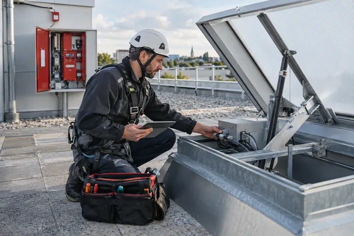Brandschutztechniker prüft eine Rauchabzugsanlage und Brandmeldezentrale