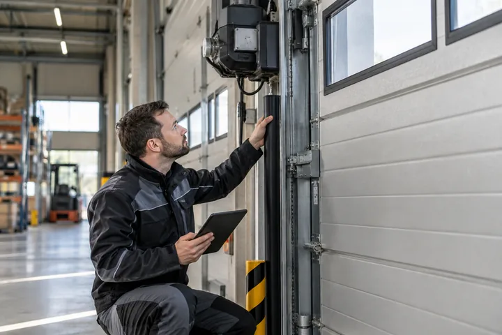 Techniker prüft ein kraftbetätigtes Industrietor in einer Betriebshalle