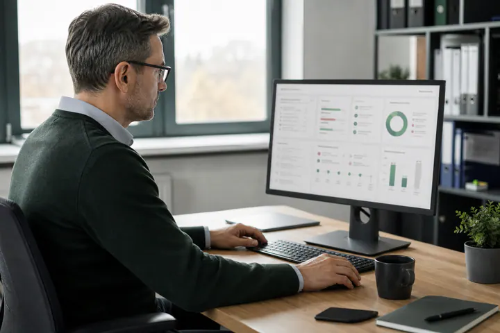 Betriebsleiter arbeitet mit einem digitalen Fristen-Dashboard