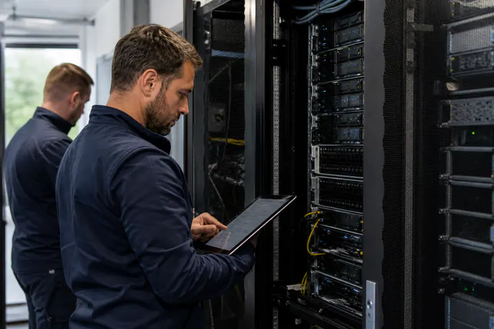 IT-Techniker dokumentieren Geräte und Wartungstermine im Serverraum