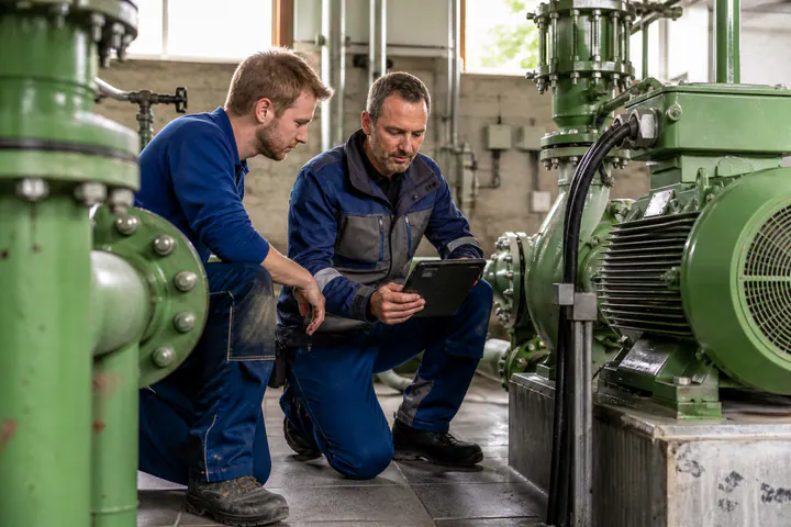Techniker dokumentieren Pumpen und Anlagen eines Ver- und Entsorgers